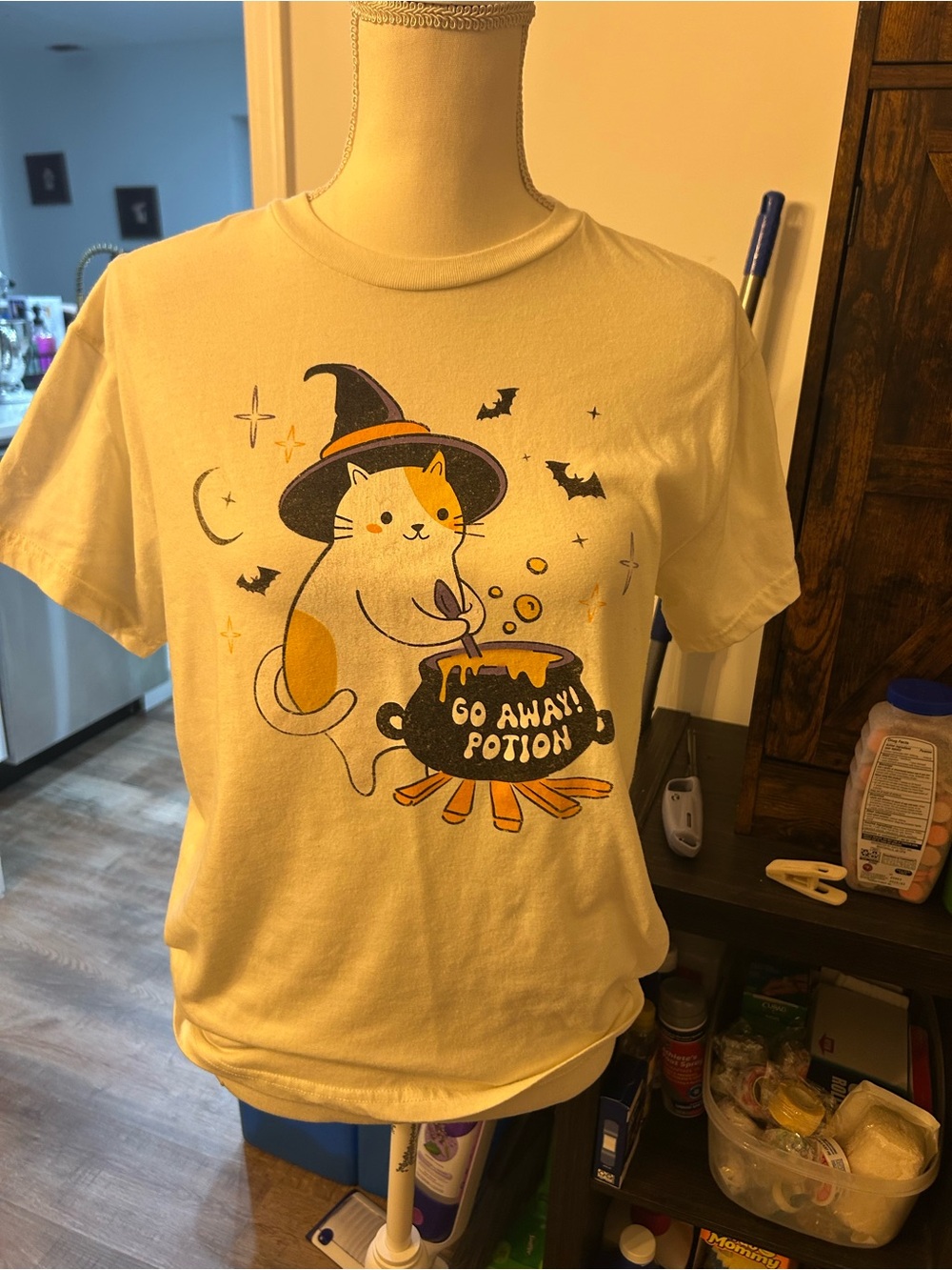 Halloween Cat Witch Graphic Tee - White